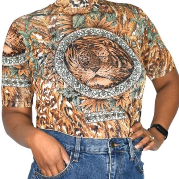 Vintage Lion Portrait Shirt Brown Baroque Jungle Top Shimmer Sheer Knit Small - Picture 1 of 15